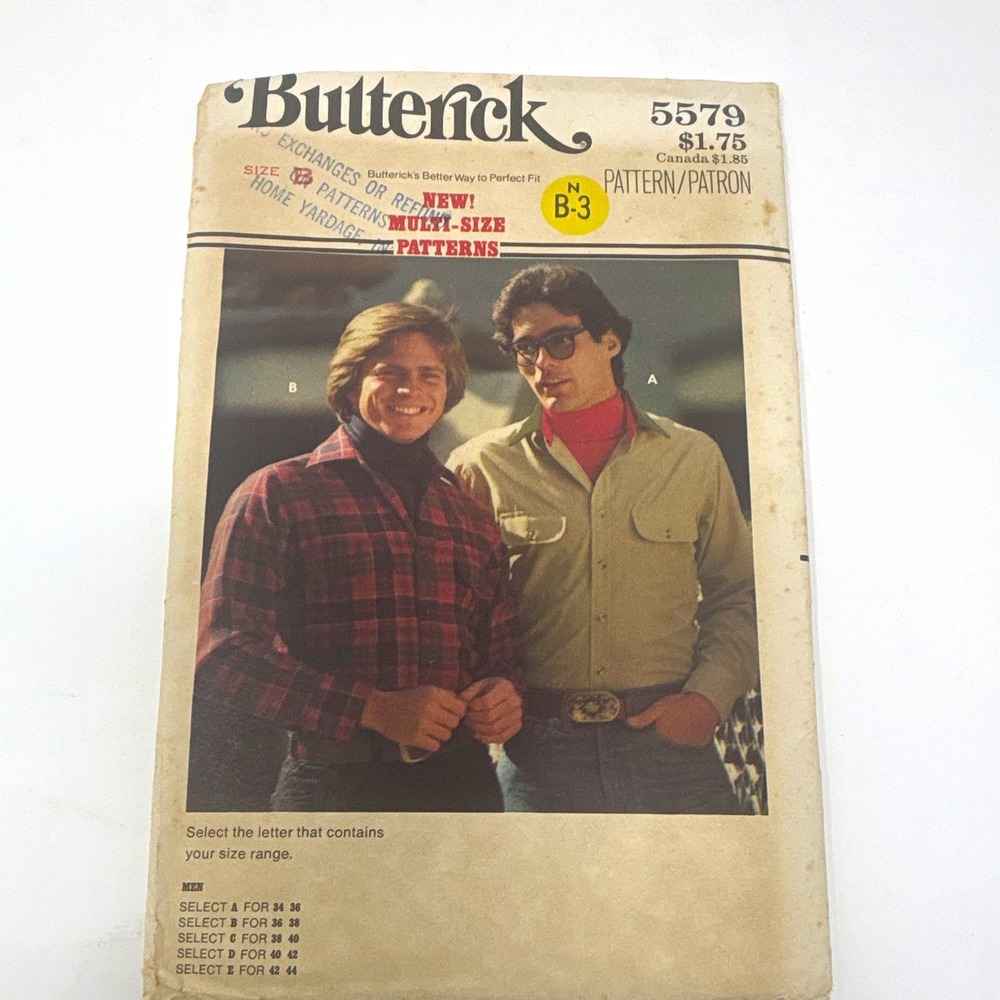 Butterick 5579 Vintage Original Sewing Pattern Mens Shirt Multi-Size 34-44